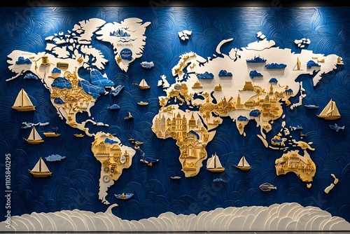 World Map Mural, vibrant colors, intricate details, inspiring travel icons, encourages exploration and adventure, perfect for wanderlust enthusiasts photo