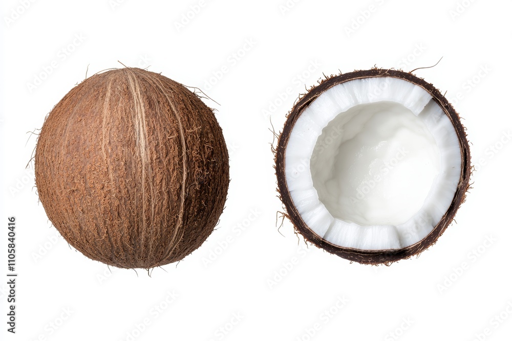 Two coconuts, one whole and one cut in half Two coconuts, one whole and one cut in half