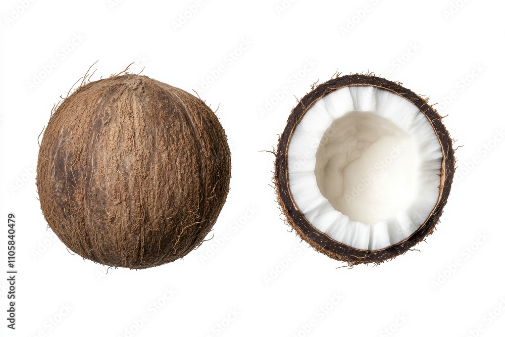 Two coconuts, one whole and one cut in half Two coconuts, one whole and one cut in half