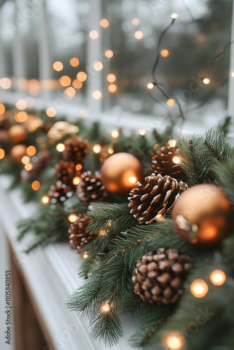 Wallpaper Mural Festive garland with pine cones, ornaments, and fairy lights on a windowsill. Torontodigital.ca