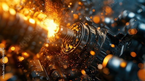 A close-up action shot of a spark plug igniting combustion inside a powerful engine, surrounded by intense fiery energy and mechanical motion