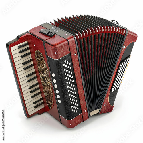 A classic accordion featuring red and black detailing, delivering rich,