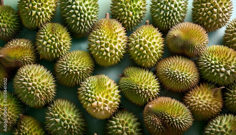 Flat Lay Top View of Bright Ripe Fragrant Green Durian Fruit as Background Flat Lay Top View of Bright Ripe Fragrant Green Durian Fruit as Background