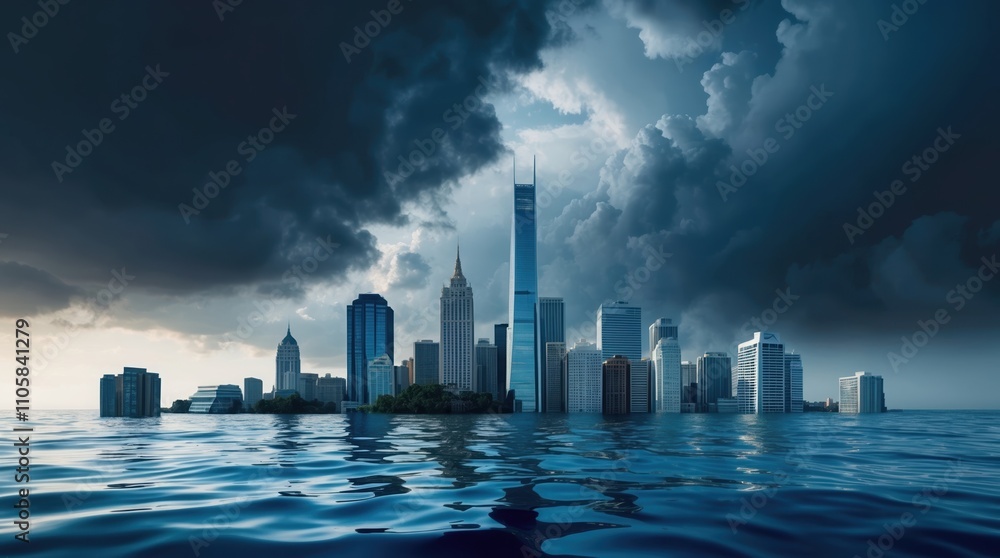 Urban skyline underwater under storm clouds Urban skyline underwater under storm clouds
