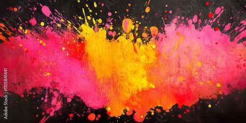 Colorful splashes of paint create vibrant patterns on a dark textured surface photo