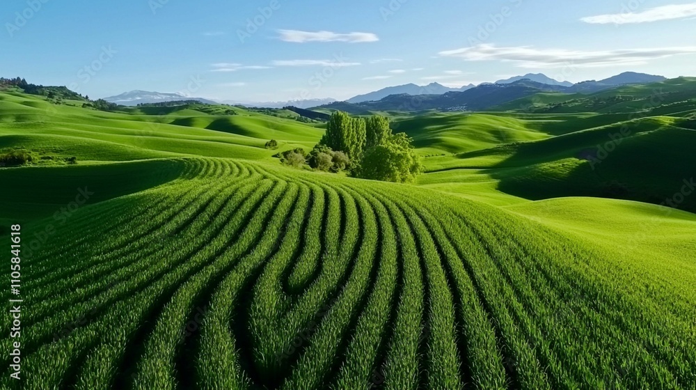 Lush Green Landscape with Rolling Hills, Wavy Patterns in Fields and Serene Blue Sky, Capturing the Beauty of Nature and Agriculture in the Countryside Lush Green Landscape with Rolling Hills, Wavy Patterns in Fields and Serene Blue Sky, Capturing the Beauty of Nature and Agriculture in the Countryside