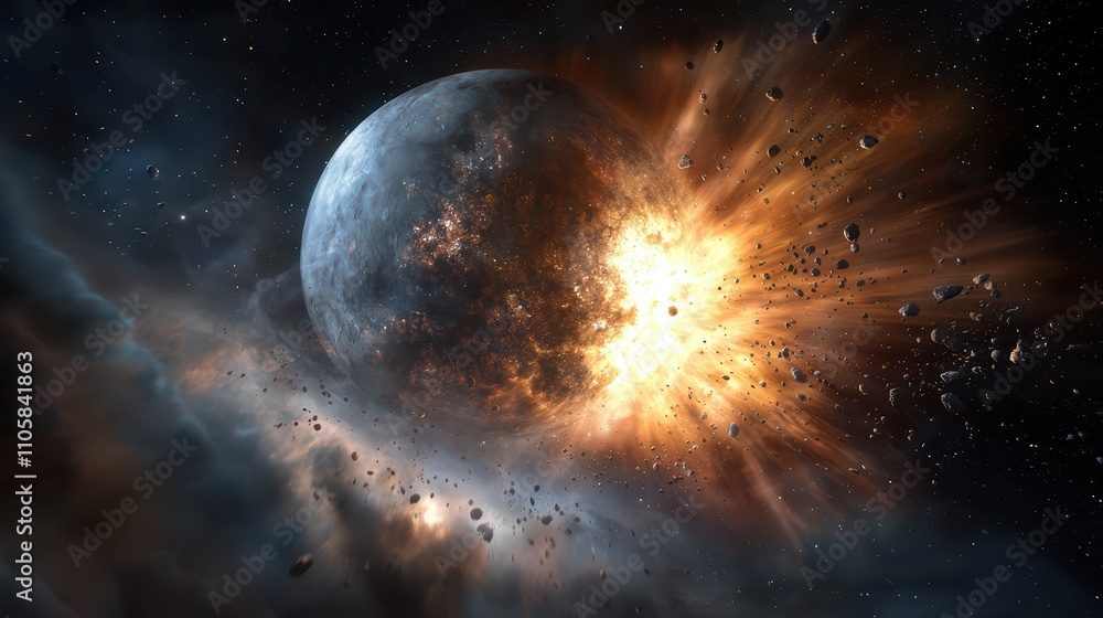 Fototapeta premium Cosmic Collision Planet Destruction Asteroid Impact Space Debris Nebula