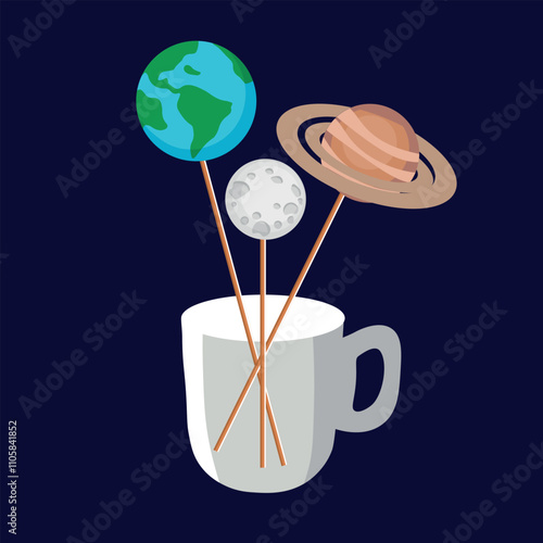 Vector space illustration. Planets in a glass. Earth, moon, saturn on a blue background.