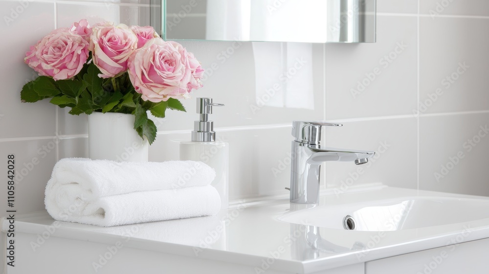 A serene bathroom scene featuring pink roses, white towels, and a sleek faucet, creating a fresh and inviting atmosphere. A serene bathroom scene featuring pink roses, white towels, and a sleek faucet, creating a fresh and inviting atmosphere.