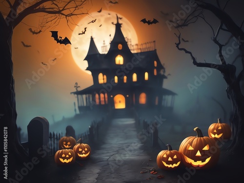 Spooky Halloween Night: Haunted House and Jack-o'-lanterns photo