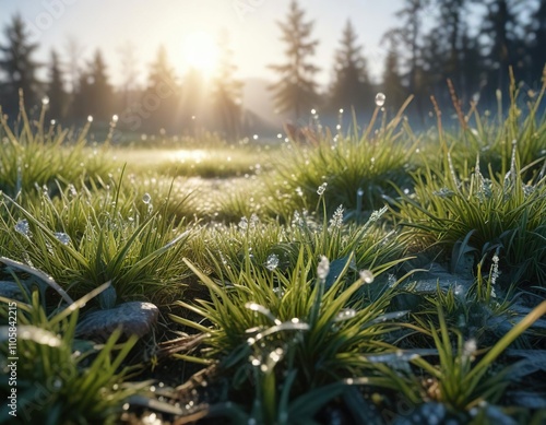 Frosty morning with sparkling dew on the grass, magic, serene, peaceful photo