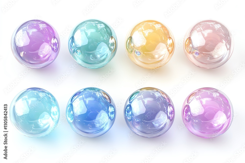 Set of iridescent bubbles with shimmering pastel reflections on a clean white background Set of iridescent bubbles with shimmering pastel reflections on a clean white background