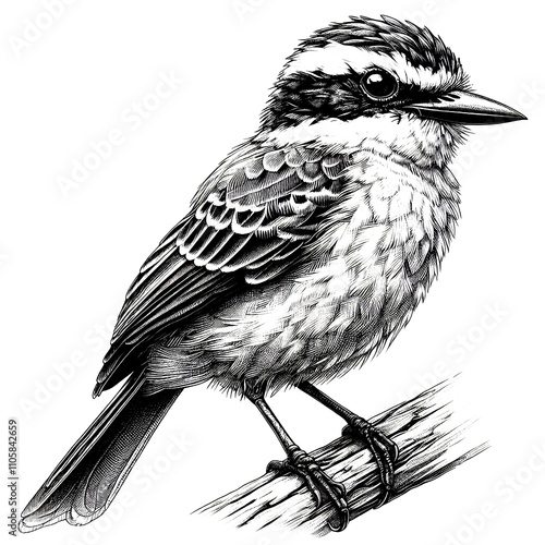 a great kiskadee sketch engraving. White background. photo