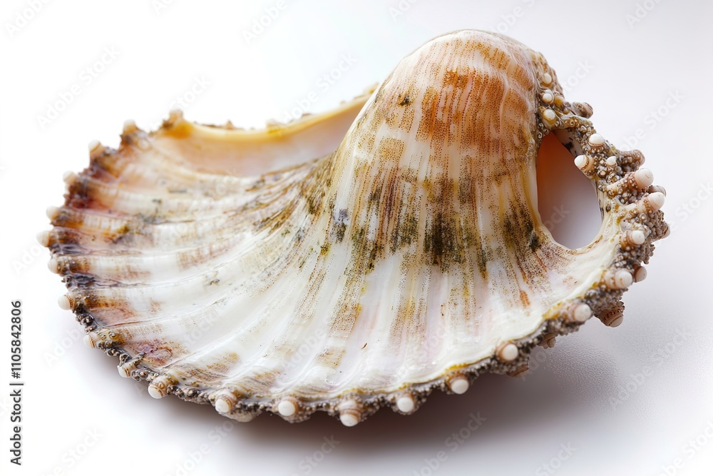 Close-up shot of textured seashell on white Close-up shot of textured seashell on white