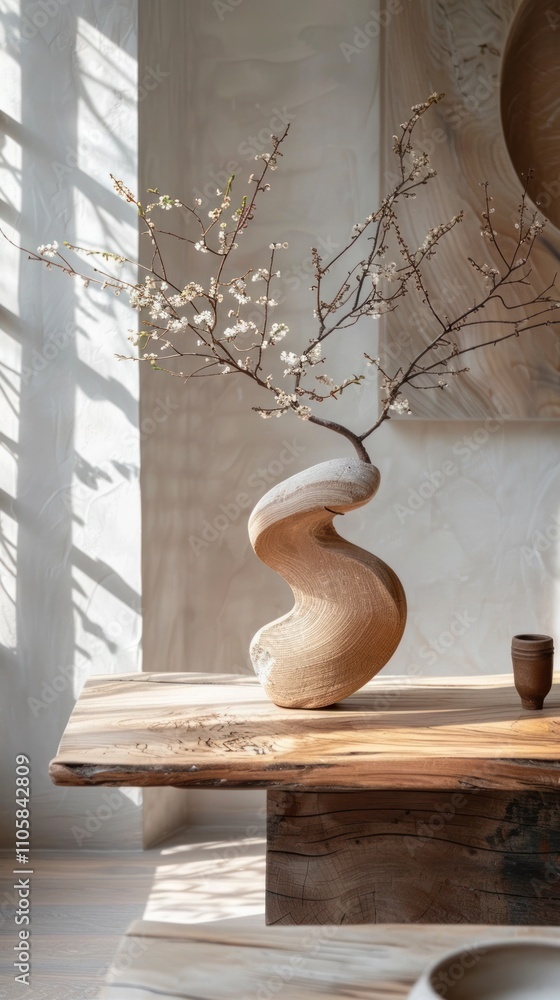 Elegant floral branch with delicate blooms displayed in a natural organic ceramic vase set against a cozy minimal home interior with warm light and soft shadows Elegant floral branch with delicate blooms displayed in a natural organic ceramic vase set against a cozy minimal home interior with warm light and soft shadows