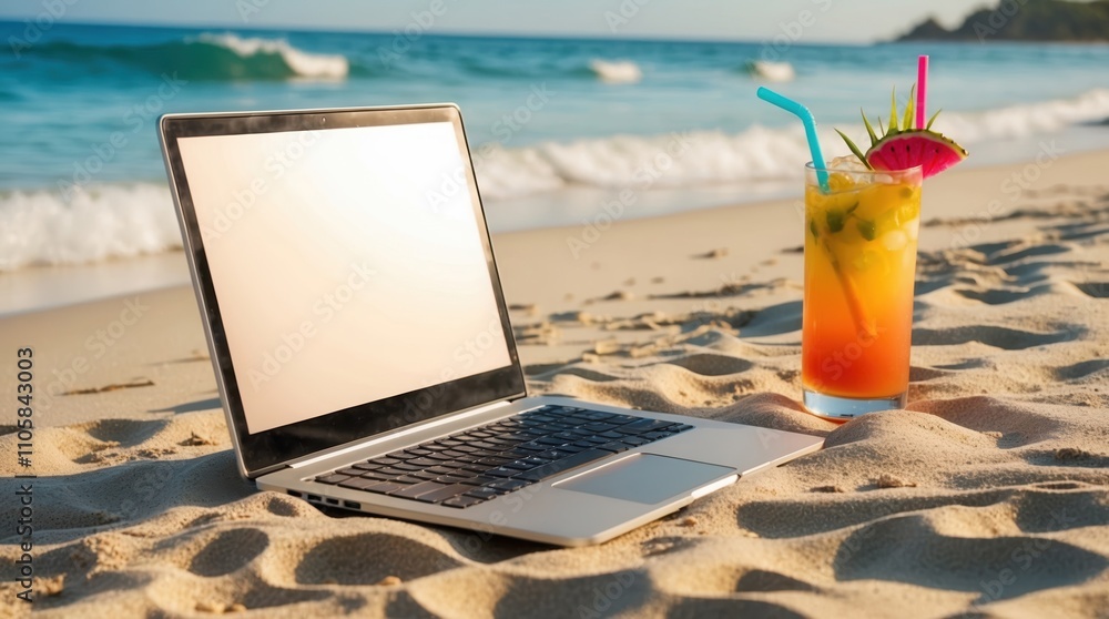 Laptop on beach with cocktail for remote work Laptop on beach with cocktail for remote work