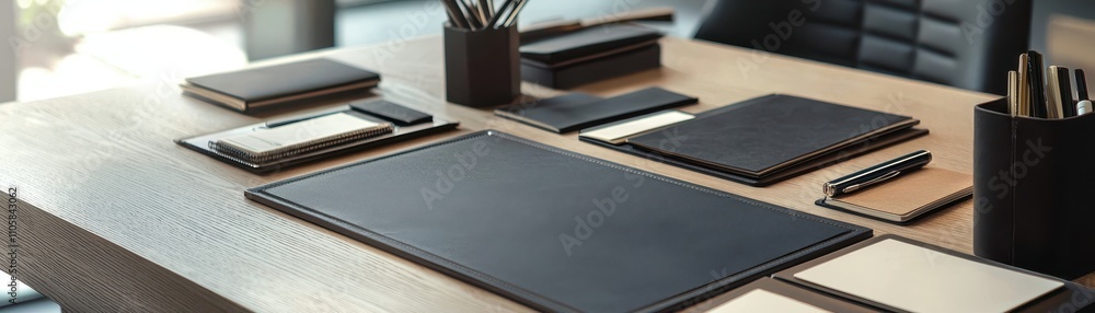 Modern office desk with organized stationery and notebooks, creating a minimalist and professional workspace ambiance. Modern office desk with organized stationery and notebooks, creating a minimalist and professional workspace ambiance.