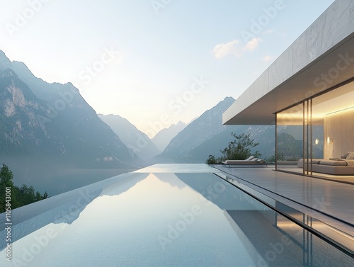 Modern minimalist house with infinity pool overlooking scenic mountain landscape and serene lake at sunrise.