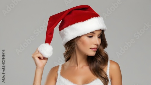 "Santa hat with white trim, isolated on white background." 