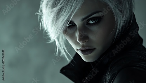 Silver haired woman in a dark futuristic outfit, intense gaze, sleek and bold styling photo