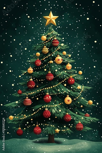 Simple Christmas tree illustration, decorated with red and gold ornaments, golden star on top, minimalist festive background