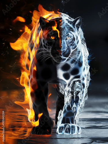 High resolution photo of a panther's fiery to icy transformation illustration on dark background photo