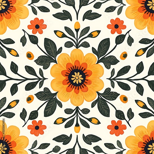 Seamless Pattern of Stylized Orange and Yellow Flowers and Dark Green Leaves on a Cream Background.