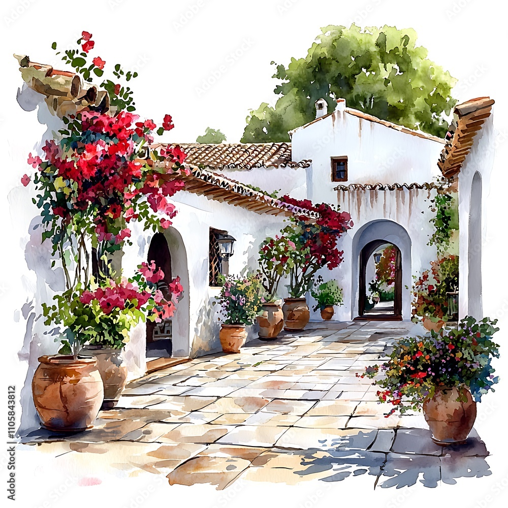 Naklejka premium Sun-Drenched Mediterranean Courtyard with Terracotta Pots and Bougainvillea.