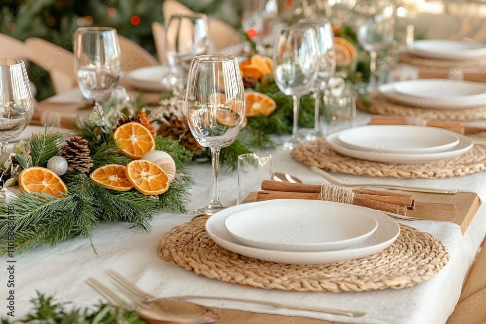 A festive dining table setting with greenery, dried orange slices, and elegant glassware for a cozy holiday meal A festive dining table setting with greenery, dried orange slices, and elegant glassware for a cozy holiday meal