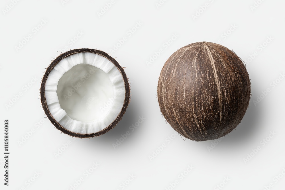 Two coconuts, one whole and one cut open Two coconuts, one whole and one cut open