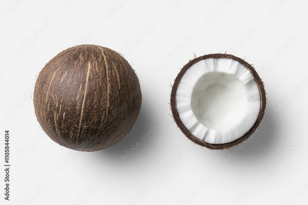 Two coconuts, one whole and one cut in half Two coconuts, one whole and one cut in half