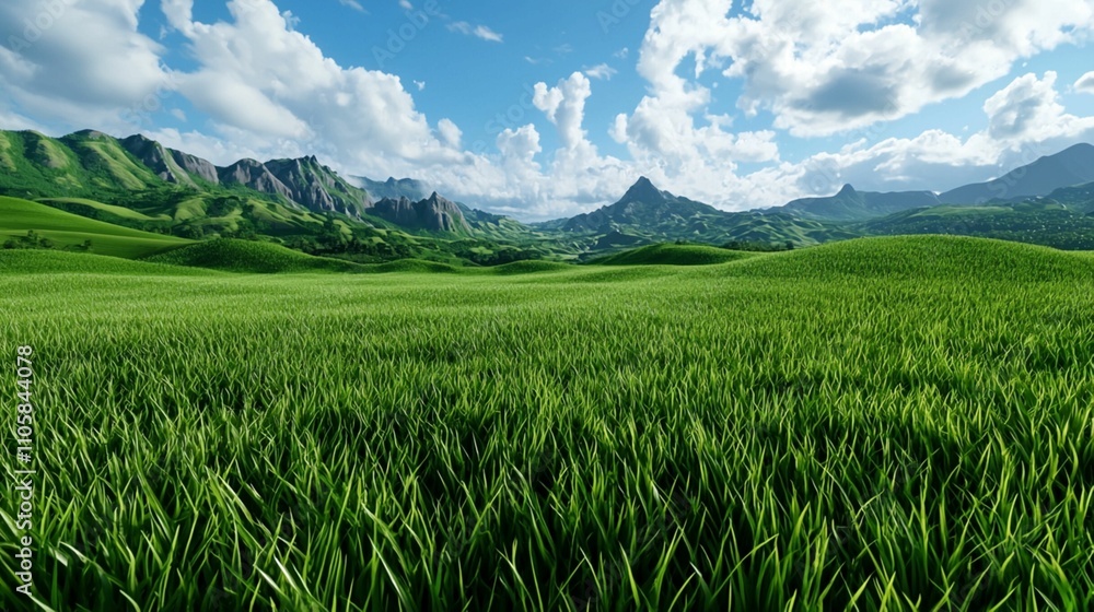 Expansive Green Grass Fields Under Bright Blue Sky with Fluffy Clouds and Majestic Mountains in the Distance, Capturing the Beauty of Nature Expansive Green Grass Fields Under Bright Blue Sky with Fluffy Clouds and Majestic Mountains in the Distance, Capturing the Beauty of Nature