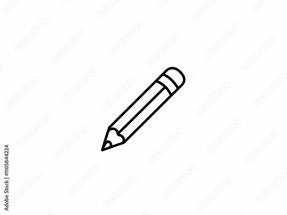 Simple black and white line drawing of a pencil with sharp tip and eraser Simple black and white line drawing of a pencil with sharp tip and eraser