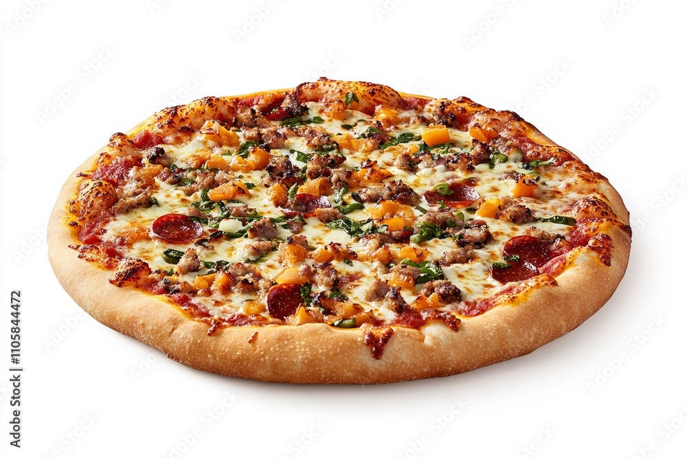 A pizza with pepperoni and cheese sits on a white background A pizza with pepperoni and cheese sits on a white background