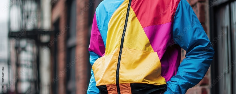 Fototapeta premium Person wearing colorful retro jacket with bold geometric patterns in urban setting, emphasizing vibrant street style and 80s fashion trends.