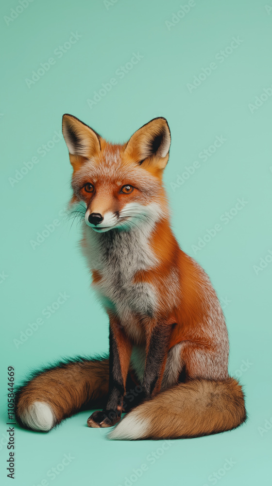 Fototapeta premium A beautifully crafted illustration of a fox sitting gracefully against a teal backdrop. The furry details and vibrant colors highlight natures artistry.