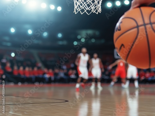 A close-up view of a basketball in hand, with players in action, capturing the thrill of the game and the energy of competition. photo