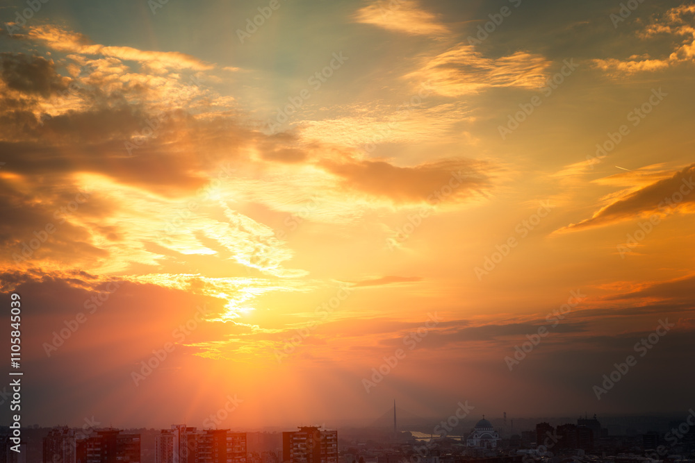 Fototapeta premium Golden Hour Evening Sunset Over Cityscape