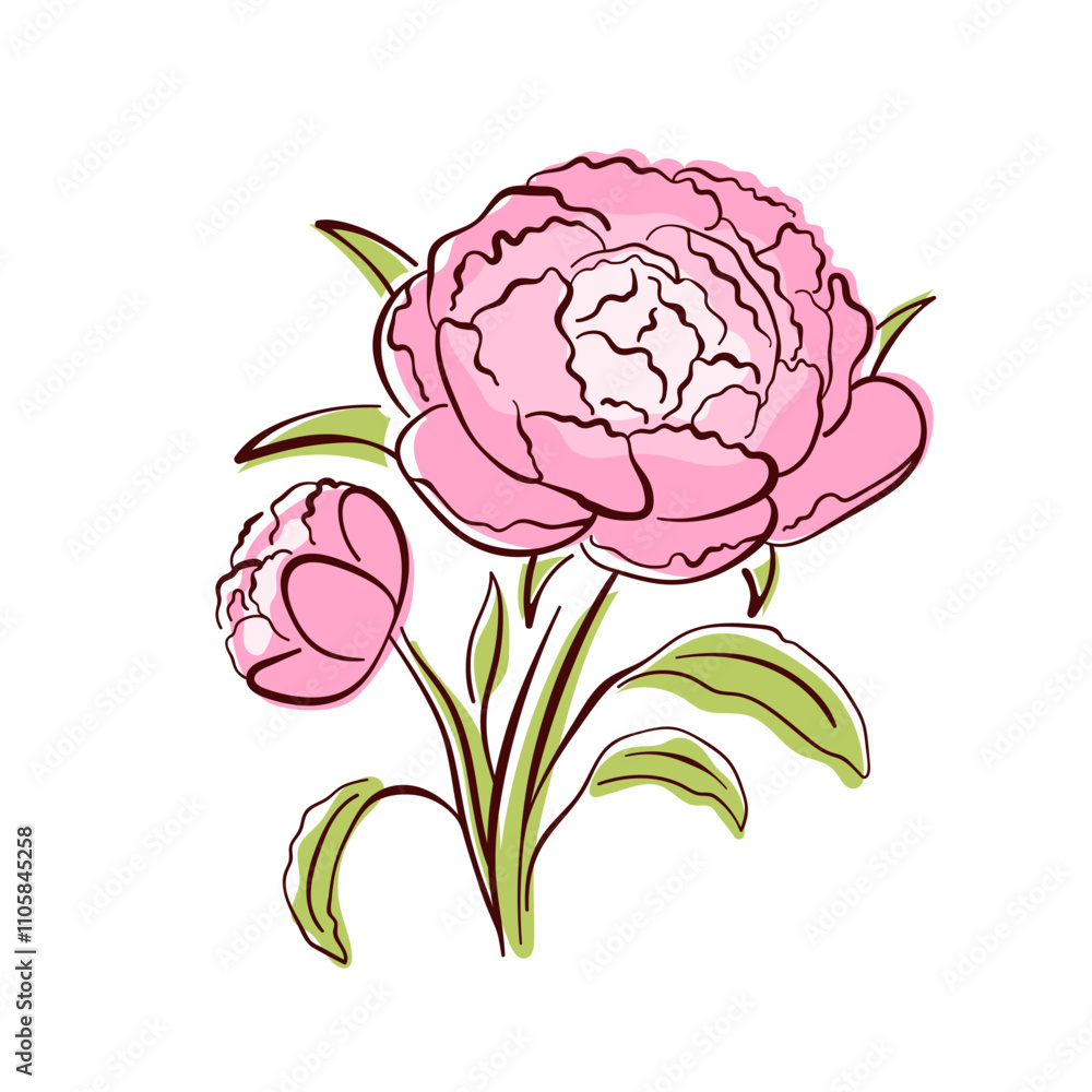 Peony spring flower in a flat style with green petals. Ideal for botanical design, wallpaper decor, textile and spring art. Isolated on white background.