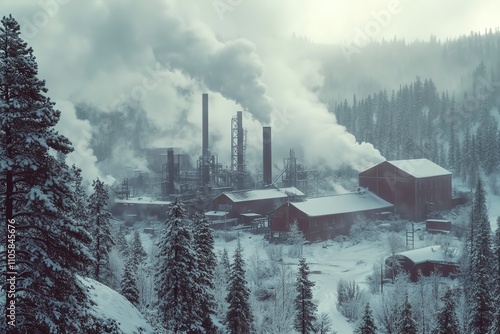 Snowcovered factory surrounded by pine trees, steam rising from chimneys, soft winter tones