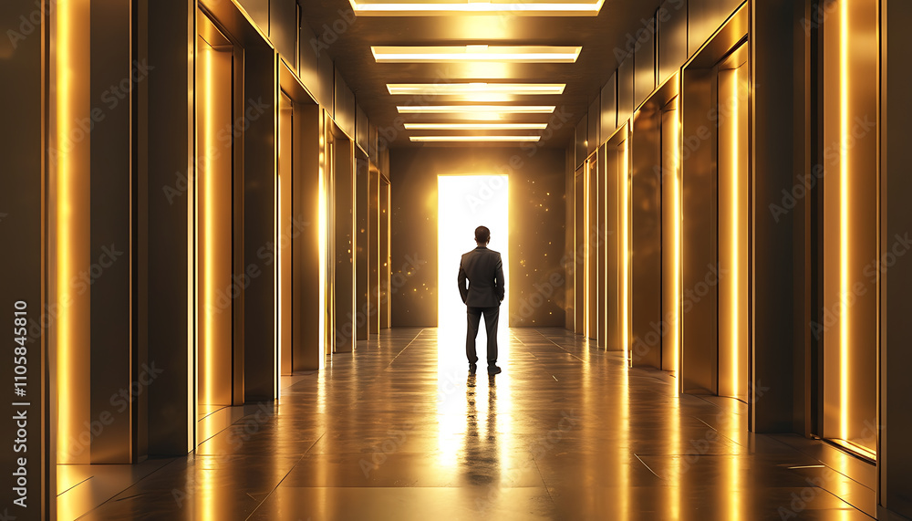 businessman standing in golden hallway, illuminated by light businessman standing in golden hallway, illuminated by light