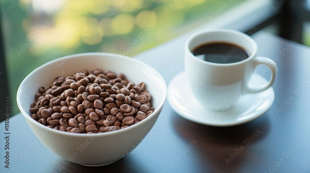 Bowl of Chocolate Cereal with Milk and Coffee Bowl of Chocolate Cereal with Milk and Coffee