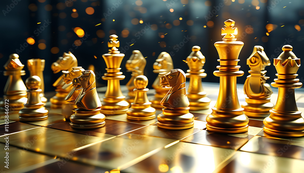 golden chessboard with dynamic pieces reflecting light and energy golden chessboard with dynamic pieces reflecting light and energy