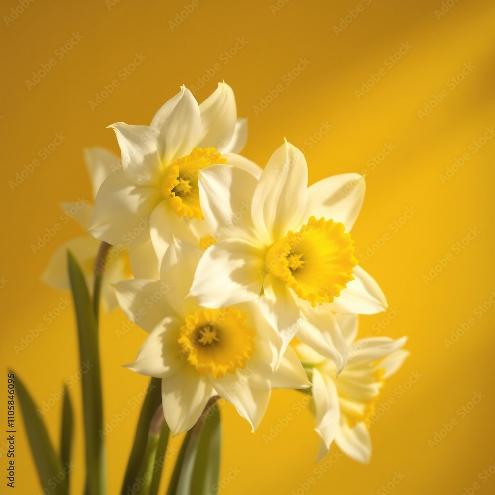 Close up of white and yellow daffodils in full bloom on a yellow background, fresh, sunny, close-up Close up of white and yellow daffodils in full bloom on a yellow background, fresh, sunny, close-up