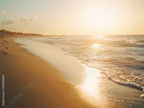 Wallpaper Mural Serene beach at sunset with golden sand and gentle waves, perfect for relaxation and nature enthusiasts seeking a peaceful coastal escape. Torontodigital.ca