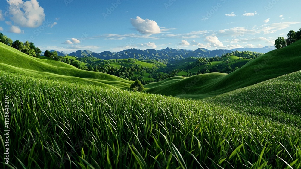 Lush Green Hills and Majestic Mountains Under a Clear Blue Sky with Soft Clouds in a Serene Countryside Landscape Lush Green Hills and Majestic Mountains Under a Clear Blue Sky with Soft Clouds in a Serene Countryside Landscape