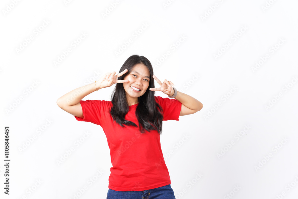 Showing Peace Sign or Victory sign Of Beautiful Asian Woman wearing red shirt Isolated On White Background Showing Peace Sign or Victory sign Of Beautiful Asian Woman wearing red shirt Isolated On White Background