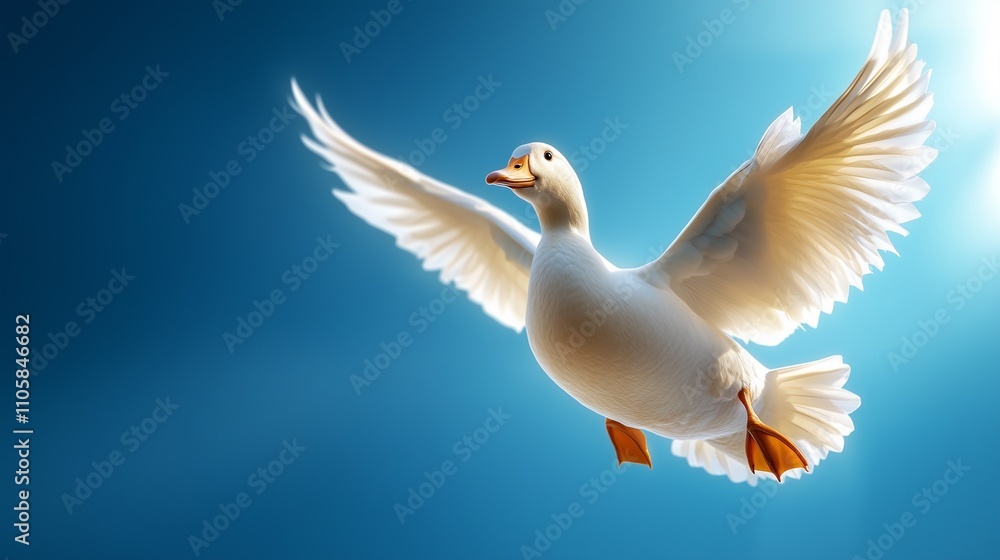 Obraz premium A white duck glides gracefully through a bright blue sky, wings outstretched, embodying freedom and serenity.