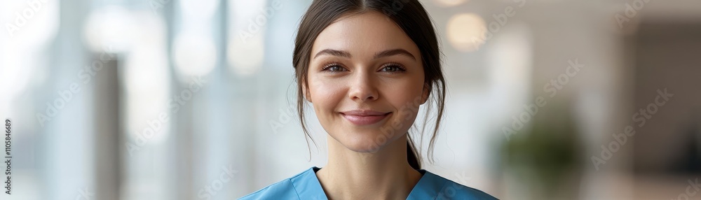 Smiling female nurse in blue scrubs, standing in a bright hospital corridor. Health care worker, ready to assist with patient care. Smiling female nurse in blue scrubs, standing in a bright hospital corridor. Health care worker, ready to assist with patient care.