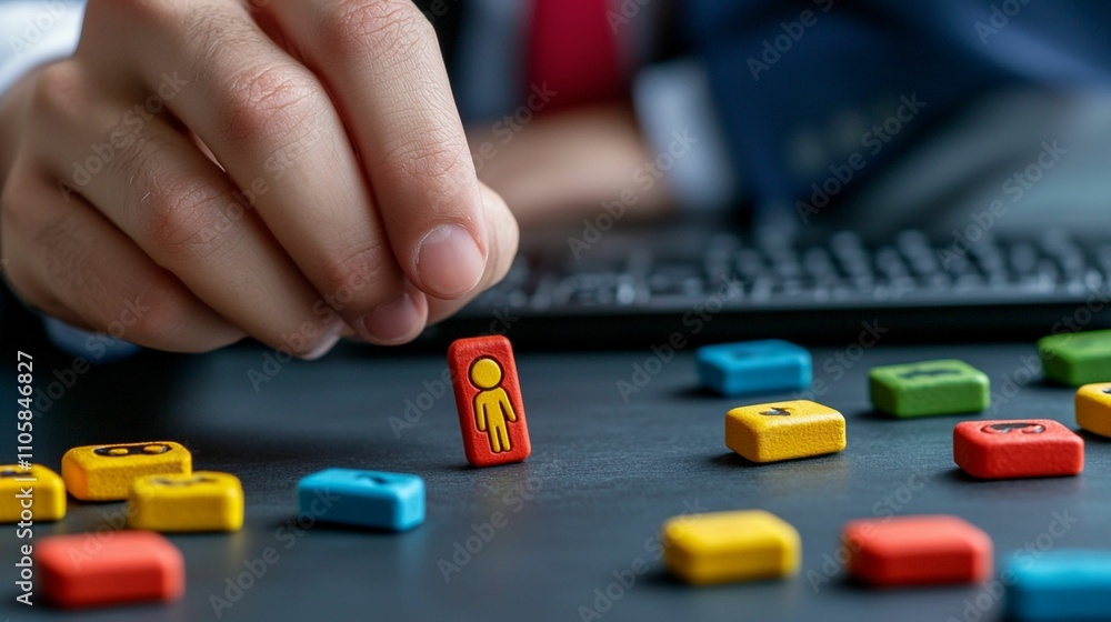 Business Strategy and Innovation Concept: Close-Up of a Businessman Choosing a Colorful Block Representing Human Resources Among Various Blocks on a Dark Desk Business Strategy and Innovation Concept: Close-Up of a Businessman Choosing a Colorful Block Representing Human Resources Among Various Blocks on a Dark Desk